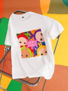 Teletubbies X SHEIN Women Casual Loose Round Neck Cartoon Graphic Short Sleeve T-Shirt, Suitable For Summer