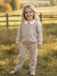 Blossori Young Girls' French Elegant Color Block Collar Button Front Knit Cardigan & Knit Pants Set - Khaki - View 1
