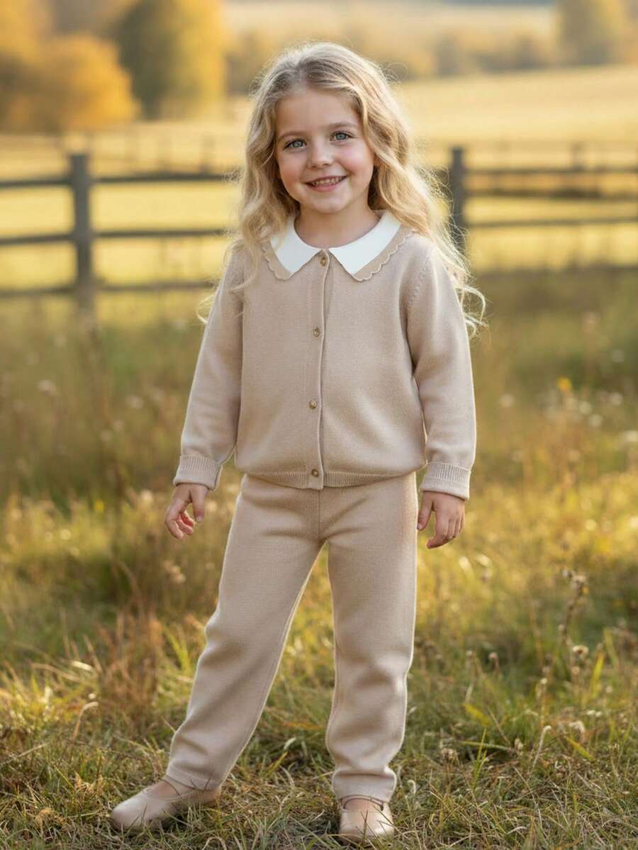 Blossori Young Girls' French Elegant Color Block Collar Button Front Knit Cardigan & Knit Pants Set - Khaki - View 1