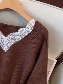 EMERY ROSE 全新优雅蕾丝边 V 领柔软百搭大码女式针织毛衣上衣 - 咖啡棕 - 查看 5