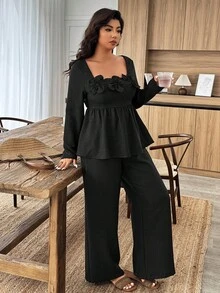 Weeklong 2pcs Plus Size Square Neck Ruffle Hem Floral Decor Top And Pants Set Fall - Black - View 7