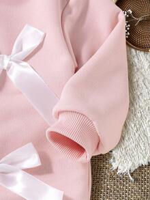 SHEIN 女婴幼儿新生儿 0-3 岁休闲日常搭配蝴蝶结装饰圆领长袖运动衫 + 罗纹针织裤套装，秋冬 - 粉色 - 查看 8