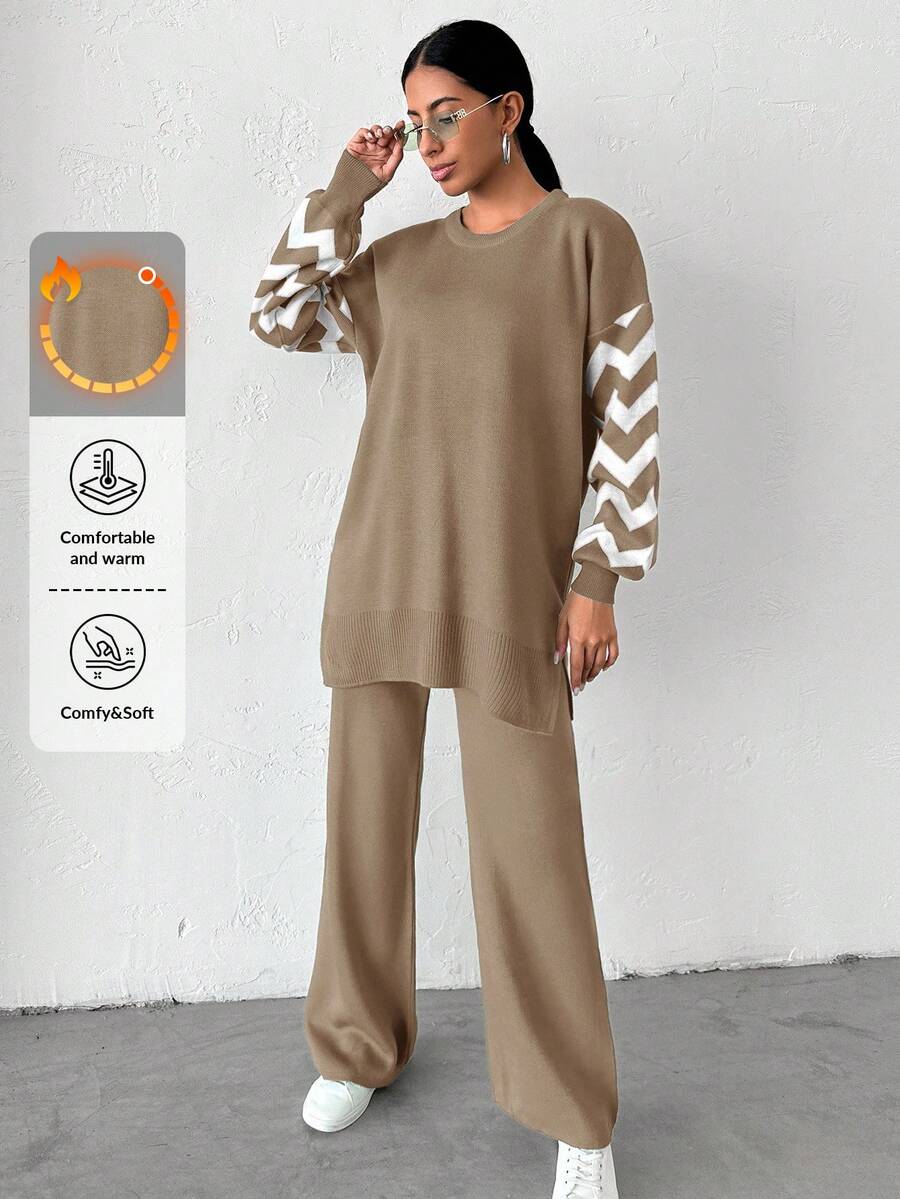 EURMUSE Striped Contrast Color Round Neck Sweater And Pants Two Piece Set - Mocha Brown - View 1