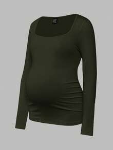 Modmama Maternity Ruched Long Sleeve Casual Versatile T-Shirt - Army Green - View 3