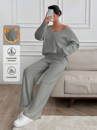 SHEIN Tall Tall Women V-Neck Oversize Sweater And Knit Pant Set