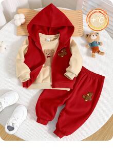 SHEIN Conjunto de 3 piezas para bebé niño: 1 pieza Chaleco con capucha con cierre de cremallera y peluche de oso informal y suelto, 1 pieza Pantalones deportivos de ajuste relajado, 1 pieza Suéter de cuello redondo a juego para uso casual, en el hogar u outdoor, otoño/invierno - Rojo - Ver 1