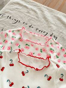 Set de 2 piezas de parte superior de manga corta con estampado floral y de cerezas para niña bebé informal - Multicolor - Ver 5