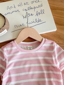 SHEIN LMoss Kids Baby Girl Adorable Knitted Pink Striped Short Sleeve Top And Elastic Waist Pants 2 Pieces Set, Baby Girl - Multicolor - View 7