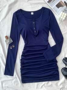 Teen Girls' Basic Half-Button Closure Casual Dress - Navy Blue - View 1