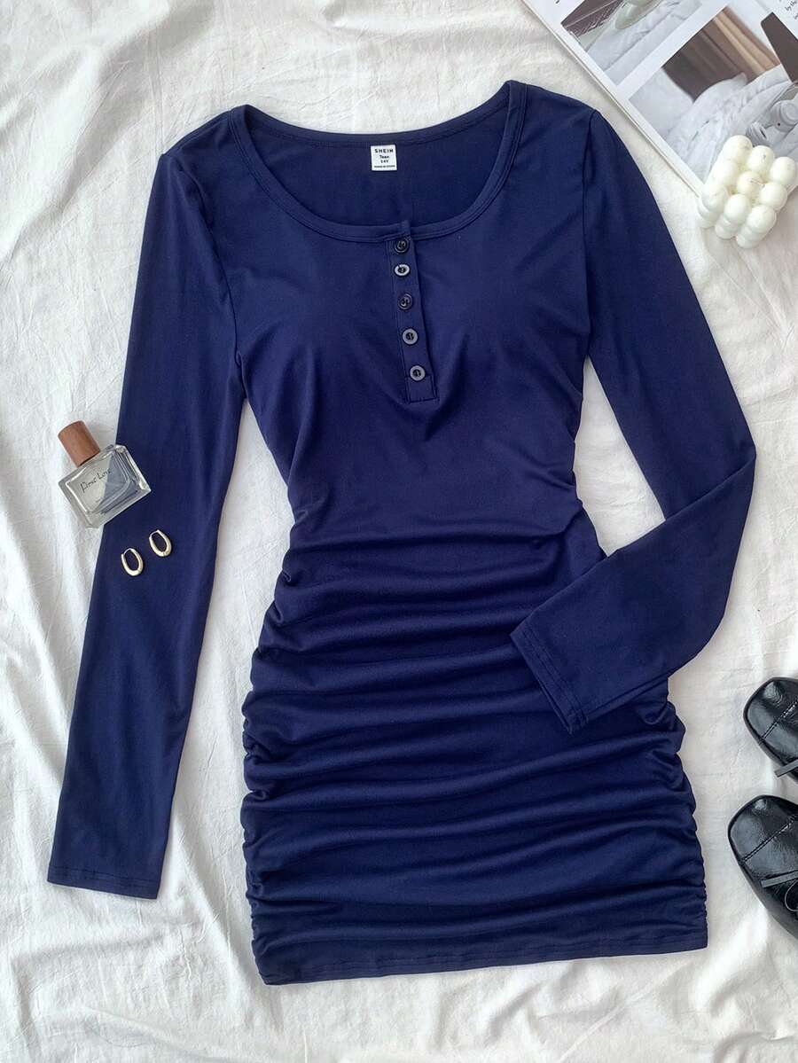 Teen Girls' Basic Half-Button Closure Casual Dress - Navy Blue - View 1