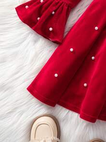 Young Girl Elegant Burgundy Velvet Long Sleeve Dress - Burgundy - View 7