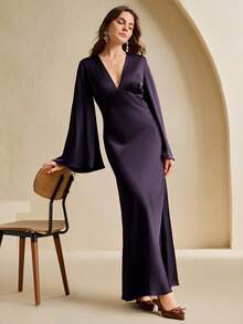 Anewsta 新款V领褶皱腰身修身长袖连衣裙，时尚优雅，适合节日、婚礼、春季、夏季、情人节、度假等场合。 - 紫色 - 查看 6