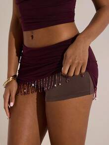 Opulessa 1 套女式纯色针织网眼垂领上衣和低腰迷你裙 - 酒紅色 - 查看 5