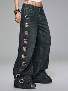 ROMWE Grunge Punk Jeans vintage lavados de talle bajo y súper holgados con agujeros con ojales a los lados, estilo Y2K - Azul lavado oscuro - Ver 1