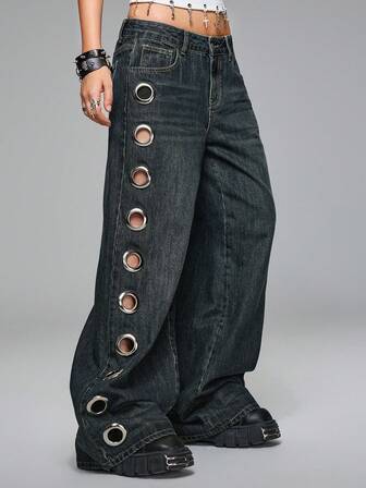 Grunge Punk Jeans vintage lavati Y2K a vita bassa super ampi con fori laterali con occhielli