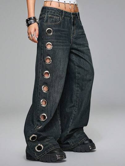 Grunge Punk Y2K Vintage Washed Low Waist Super Loose Jeans With Side Grommet Holes