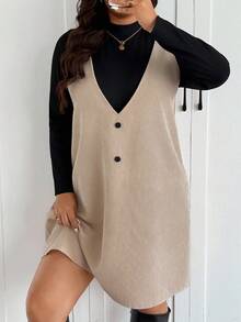 Lounesse 女式加大码纯色立领长袖 T 恤和围兜连衣裙休闲两件套