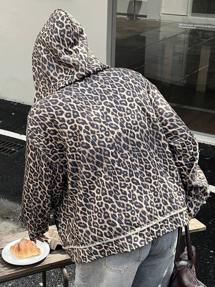 Dazy Plus Leopard Print Hooded Loose Zip-Up Long Sleeve Pocket Sweatshirt For Plus Size Women, Spring/Autumn Women Coats