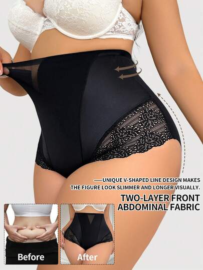 SHEIN Plus Size Women Lace High Waist Shapewear Shorts, Comfortable Shaping Underwear