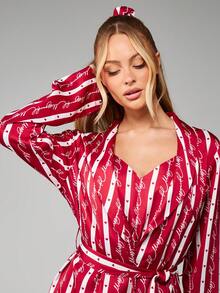 MISSGUIDED Christmas Holiday Striped Lounge Robe With Hearts And Script Print Belt Tie Closure
