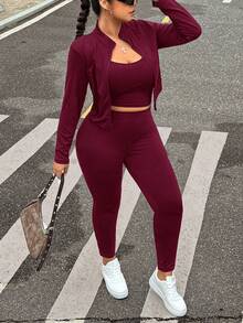 Muchica Plus Size Black Sleeveless Jacket, Elastic Lightweight Yoga Sports 3 Pieces Set - Burgundy - View 6