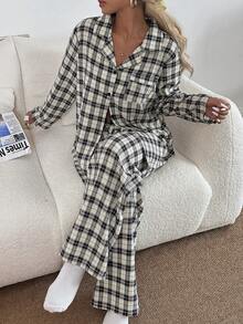 SHEIN 女士休闲纹理格纹印花长袖上衣和裤子睡衣套装，冬季服装 - 彩色 - 查看 1