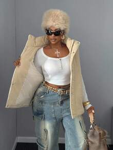 Maweii 大码灯芯绒背心外套，秋冬时尚 - 杏色 - 查看 5