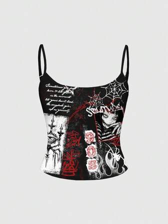 Horror Dark Mysterious Bloodstain Anime Girl Punk Eye Gem Spider Flame Street Punk Cross Women Tank Top