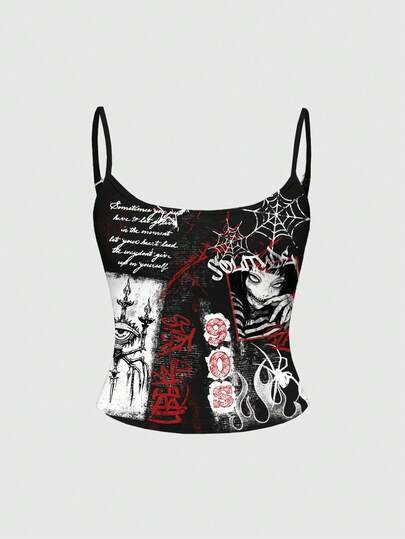 Canotta da donna stile punk con stampa di ragazza anime misteriosa e oscura, macchie di sangue, gemma per occhio, ragno e fiamma