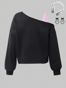SHEIN 少女秋冬返校休闲卫衣，蝴蝶结图案设计，不对称露肩无袖上衣，不对称下摆短款长袖卫衣，适合日常、上学、假期、圣诞节穿着 - 彩色 - 查看 2