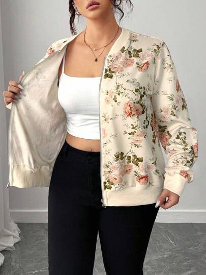 Elenzga Plus Size Women's Fashion Zipper Front Floral Print Elegant Baseball Jacket
