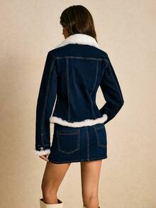 Poéselle 女士时尚保暖牛仔外套，秋冬季毛领修身长袖大衣，商务休闲女装，圣诞节女装 - 深色水洗藍 - 查看 2