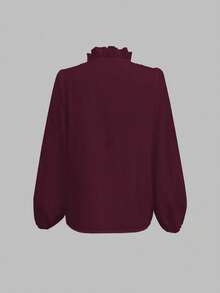 EMERY ROSE Blusa casual feminina de manga comprida com babados e cor sólida - Borgonha - Ver 2