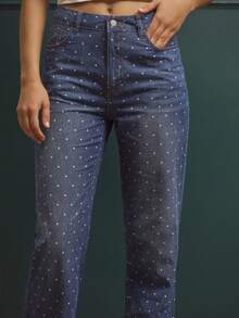 lacRébo Blue High Waisted Straight Leg Jeans With White Polka Dot Print Autumn Winter Polkadot Jeans