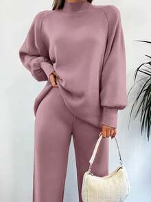 EURMUSE 2pcs/Set Solid Color Leg Of Mutton Sleeve Sweater Outfits - Rusty Rose - View 2