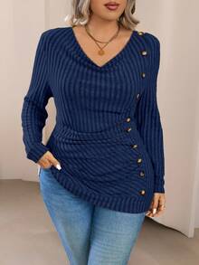 Calvaya 大码圆领长袖修身条纹单排扣T恤