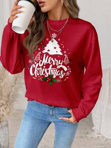 SHEIN LUNE Casual Minimalist Red Christmas Tree & Merry Christmas Letter Print Pattern Loose Fit Crew Neck Long Sleeve Hoodie Sweatshirt For Women, Suitable For Autumn/Winter, Family Gathering, Family Set,Christmas