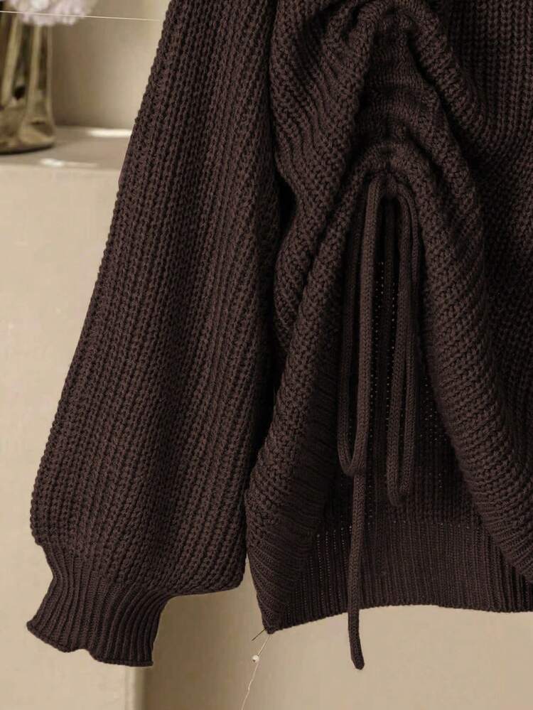 Lacomfia 加大码纯色圆领抽绳不对称下摆长袖套头衫 - 咖啡棕 - 查看 3