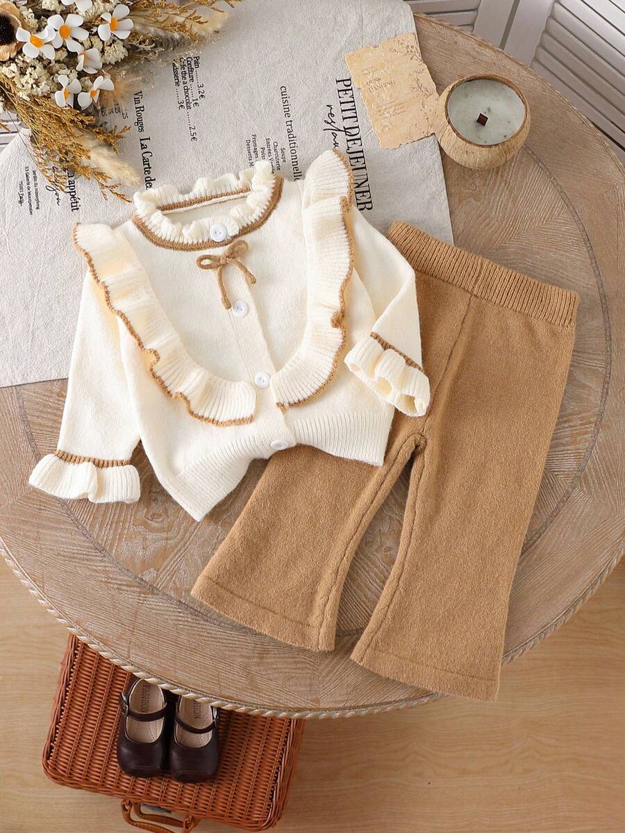 Quần ống loe đơn giản thiết kế nơ nhún bèo cho bé gái, dễ thương & thanh lịch, mềm mại & thoải mái, giản dị & đa năng, thích hợp cho các buổi đi chơi mùa thu, dã ngoại giữa cha mẹ và con cái, vui chơi ngoài trời, Halloween, tiệc Giáng sinh, mua sắm, kết hợp với áo len, mùa thu/đông - Lạc đà - Xem 1