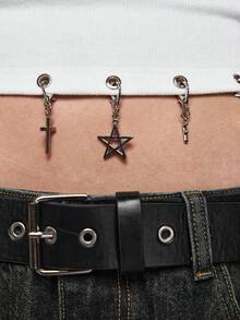 ROMWE Grunge Punk Áo ba lỗ bó sát nữ họa tiết chữ thập kim loại Punk và mặt dây chuyền hình ngôi sao năm cánh - trắng - Xem 2