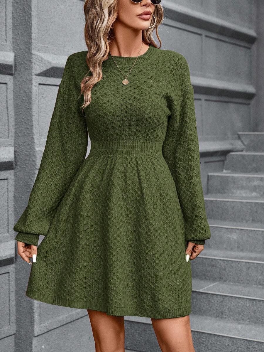 SHEIN Clasi 女式纯色简约休闲圆领长袖毛衣裙 - 軍綠色 - 查看 1