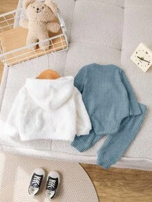 SHEIN 3件組新生兒男嬰/女嬰秋冬款可愛米色卡通圖案連帽外套、藍色連身衣、長褲套裝，適合秋冬外出穿著 - 藍色 - 查看 10