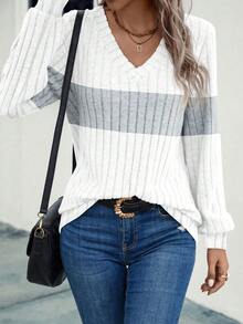 SHEIN LUNE Women's Casual Basic Ribbed Contrast V-Neck Sweatshirt - White - View 5