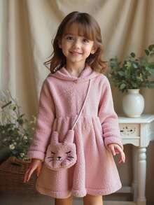 Vintaside Kids 1pc 女童秋冬新款针织连帽连衣裙，莲藕粉色蓬松套头长袖连衣裙，可爱刺绣斜挎包，居家通勤百搭，时尚又保暖 - 粉色 - 查看 1