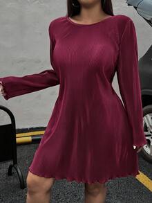 SHEIN EZwear 大码女式纯色圆领长袖休闲短款连衣裙 - 酒紅色 - 查看 3