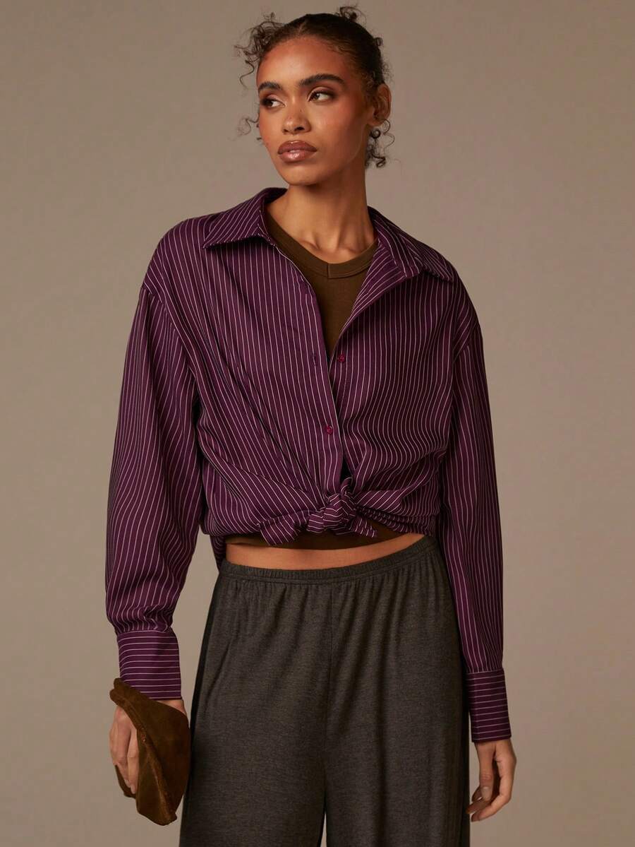 Athîral Women's Front Button Drop Shoulder Long Sleeve Casual Striped Shirt - Multicolor - View 1