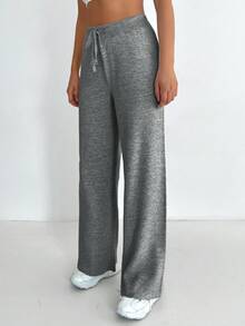EURMUSE Women's Solid Color Drawstring Waist Straight Leg Loose Casual Sweater Pants, Autumn/Winter - Grey - View 5