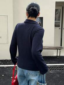 Dazy Plus 大码女式纯色弹力修身拉链领长袖 T 恤，春/秋 - 藏蓝色 - 查看 2