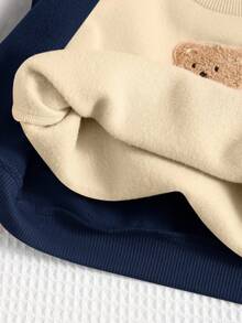 SHEIN 3 件套男婴/女婴秋冬套装：海军蓝休闲宽松拉链连帽毛绒熊背心夹克、宽松休闲运动裤、杏色百搭圆领套头衫，适合居家和户外 - 藏蓝色 - 查看 7