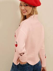 RueChic 櫻桃圖案落肩袖開襟衫 - 粉色 - 查看 2